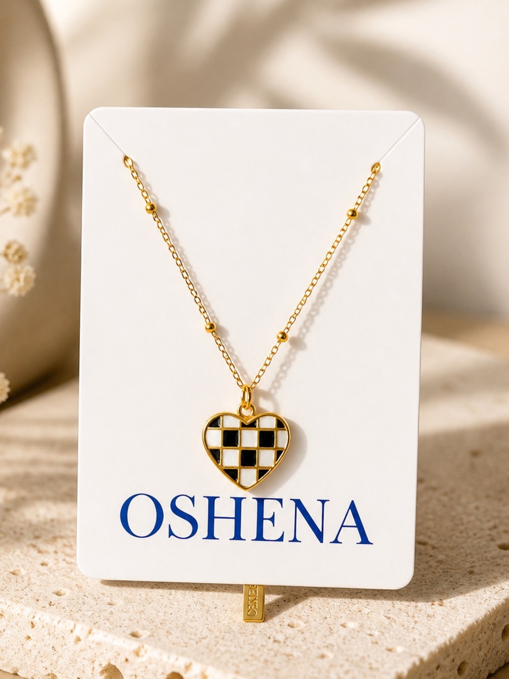 NWT OSHENA Gold Heart Pendant Necklace with Black & White Check Inlay